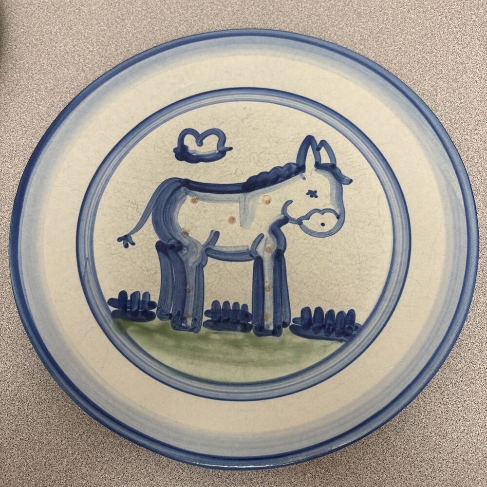M A Hadley Pottery RARE Vintage Donkey 11” Dinner Plate Country Farm Signed Blue
